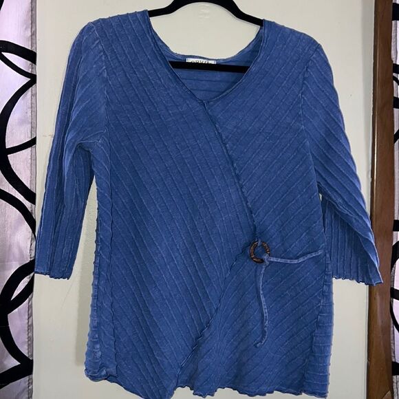 Orvis Shirt Top Womens Medium Blue Wrap Ribbed 3/4 Sleeve Casual 3/4 Sleeve Ring - Picture 1 of 10